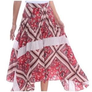 Free People Printed Paradise Boho Asymmetrical Midi Skirt Pimento Size 4 NEW